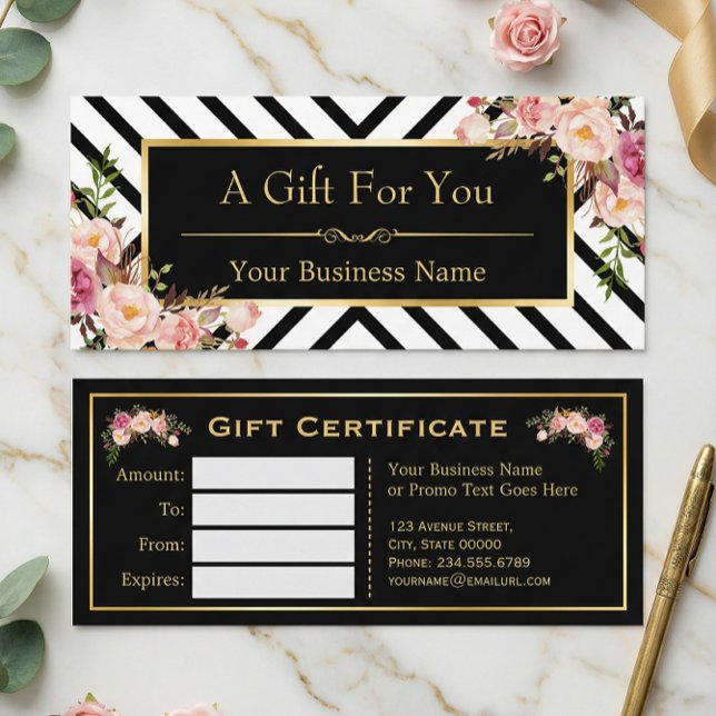 Beauty Salon Gift Certificate Gold Floral Stripes (Creator Uploaded)