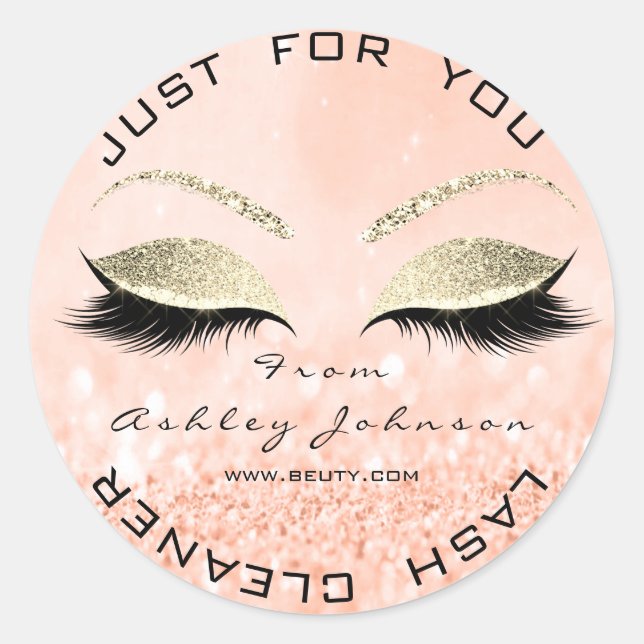 Beauty Salon Glitter Peach Gold Lash Cleaner Classic Round Sticker (Front)