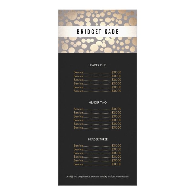 Beauty Salon Gold and Taupe Spotted Pattern Menu (Front)