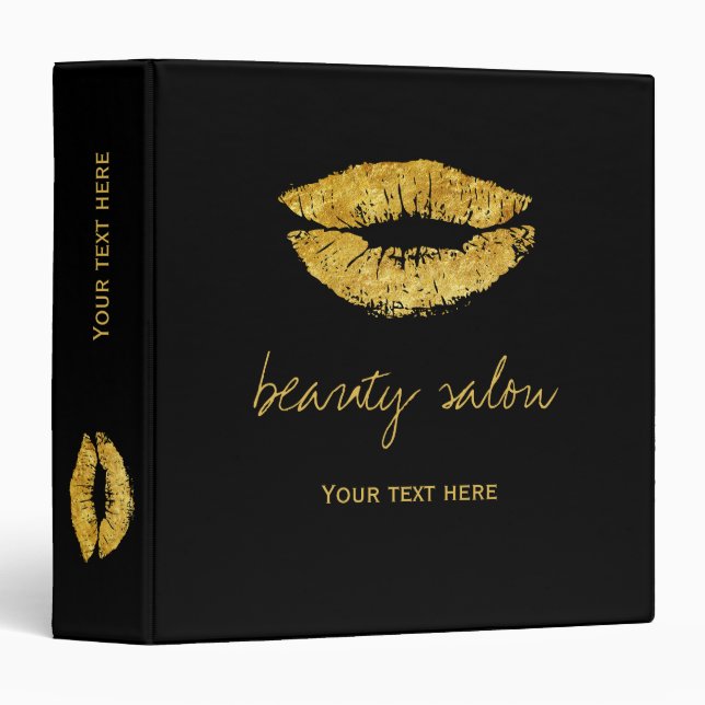 Beauty salon gold glitter lips black office binder (Front/Spine)