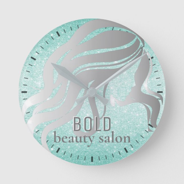 Beauty Salon Name Silver Foil + Aqua Blue Glitter Round Clock (Front)