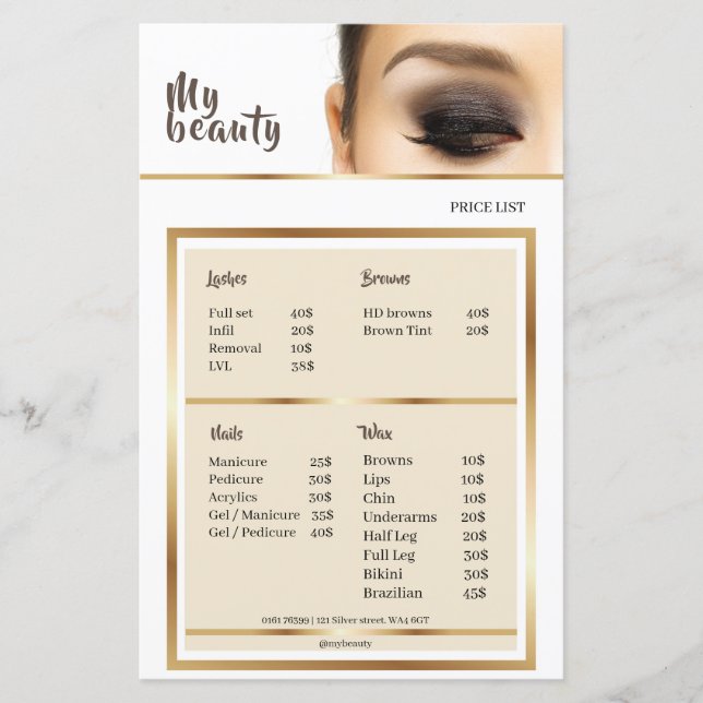 Beauty Salon White & Golden Frame Price List (Front)
