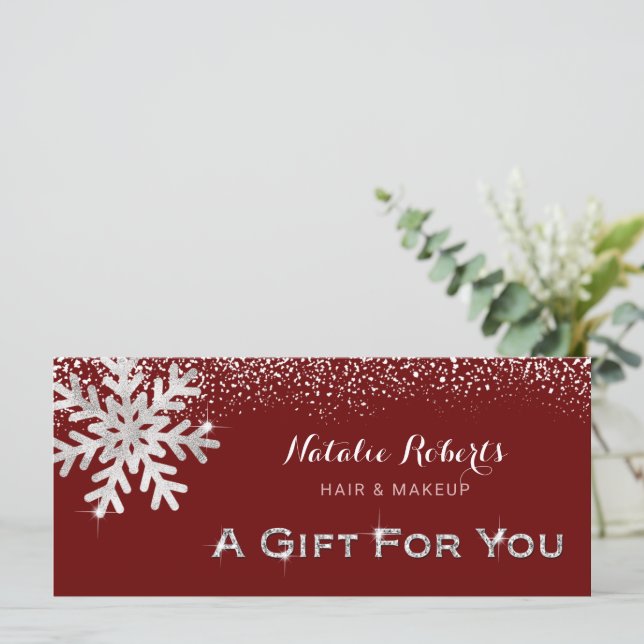 Beauty Salon Winter Snowflake Red Gift Certificate (Standing Front)