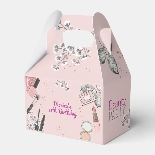 Beauty spa girly dusty rose birthday party favor box (Front Side)