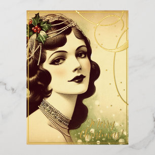 Beauty Vintage Lady Merry Christmas Greets Retro Foil Holiday Postcard