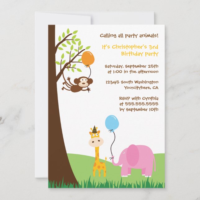 Beaux animaux de fête Invitation amusante à la fêt (Devant)