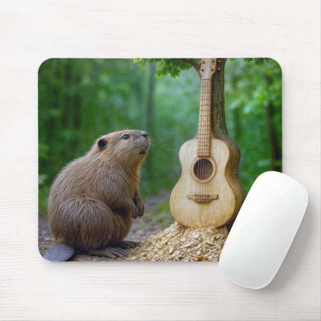 Beaver Admiring His Carved Guitar On a Tree Mouse Pad (With Mouse)