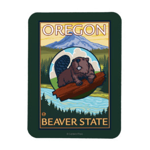 Beaver and Mount Hood Scene Vintage Travel Magnet