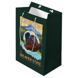 Beaver and Mount Hood Scene Vintage Travel Medium Gift Bag