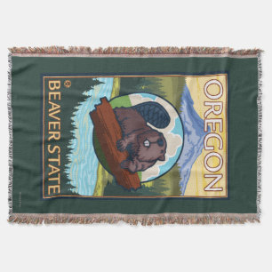 Beaver and Mount Hood Scene Vintage Travel Throw Blanket
