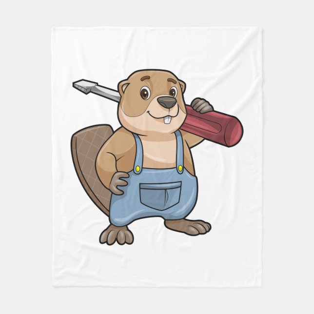 Beaver as Craftsman with Wrench Fleece Blanket (Front)
