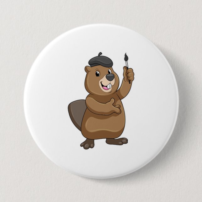 Beaver as Painter with Paint brush 3 Inch Round Button (Front)