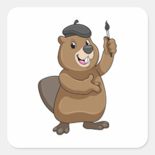 Beaver as Painter with Paint brush Square Sticker