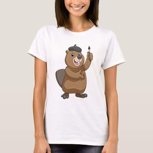 Beaver as Painter with Paint brush T-Shirt (Front)