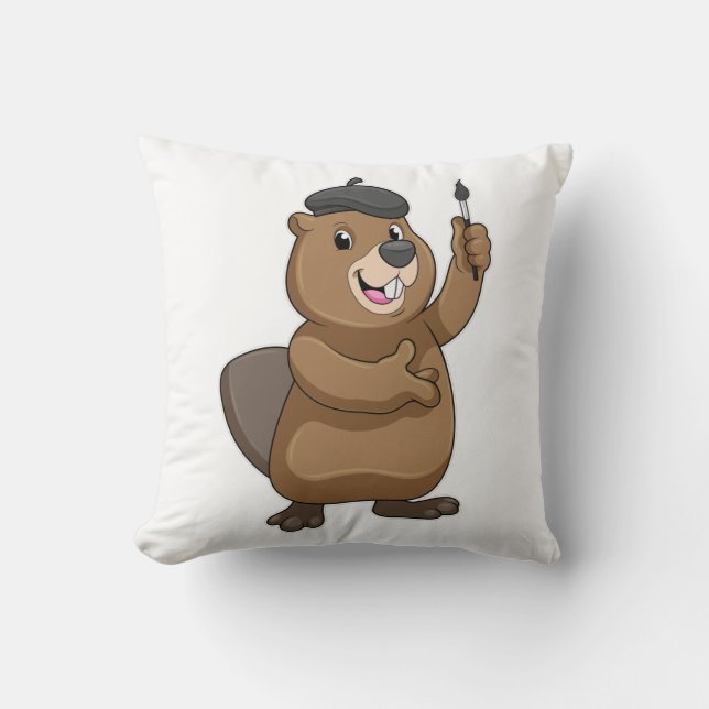 Beaver as Painter with Paint brush Throw Pillow (Front)
