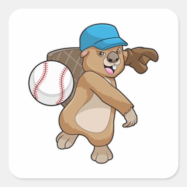 Beaver at Baseball Sports with Cap Square Sticker (Front)