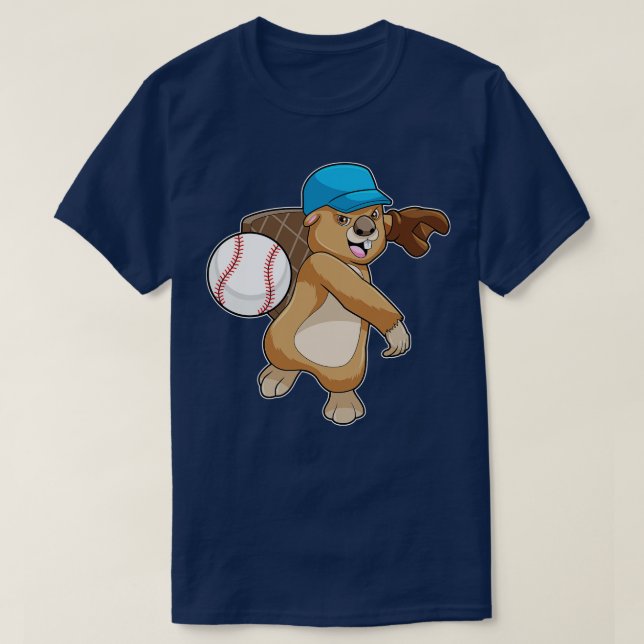Beaver at Baseball Sports with Cap T-Shirt (Design Front)