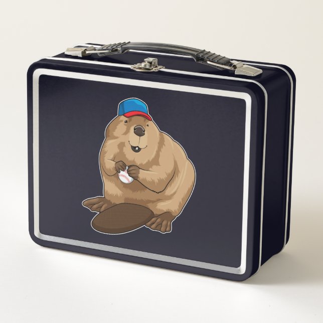 Beaver at Baseball with Baseball ball Metal Lunch Box (Front)