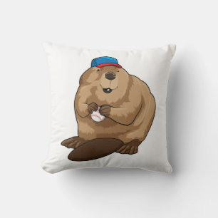 Beaver at Baseball with Baseball ball Throw Pillow
