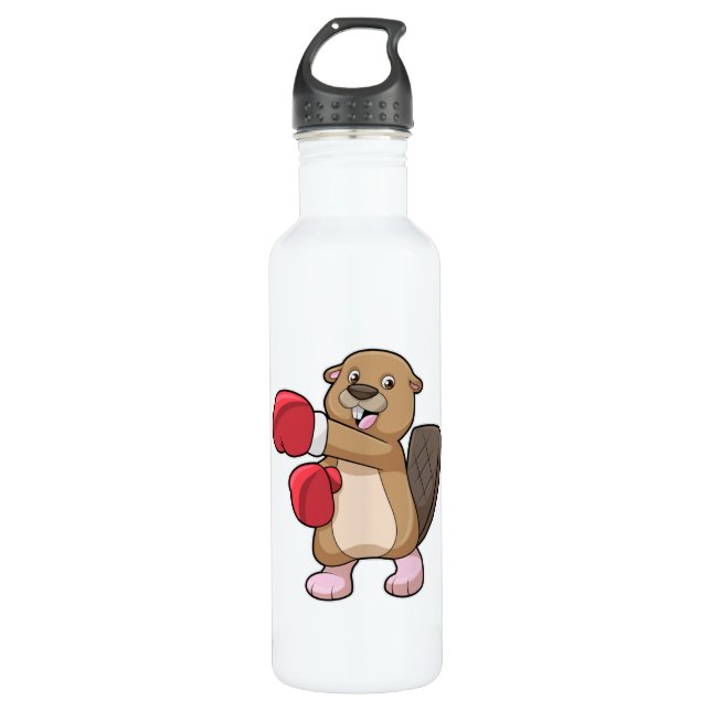 Beaver at Boxing with Boxing gloves 710 Ml Water Bottle (Front)