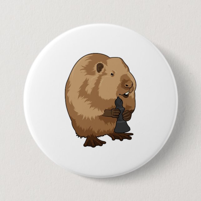 Beaver at Chess with Chess piece Bishop 3 Inch Round Button (Front)