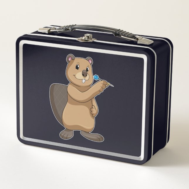Beaver at Darts with Dart Metal Lunch Box (Front)