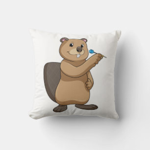 Beaver at Darts with Dart Throw Pillow