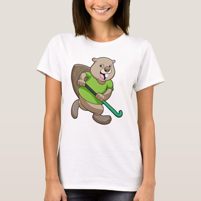 Beaver at Hockey with Hockey bat T-Shirt (Front)