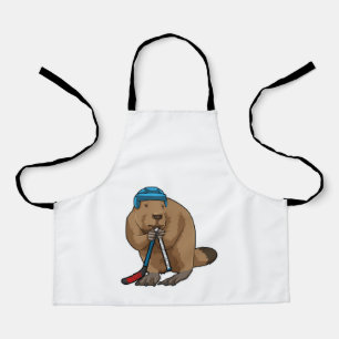 Beaver at Ice hockey with Ice hockey stick Apron