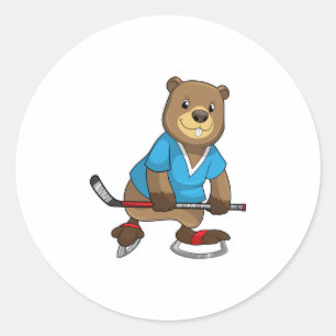 Beaver at Ice hockey with Ice hockey stick Classic Round Sticker