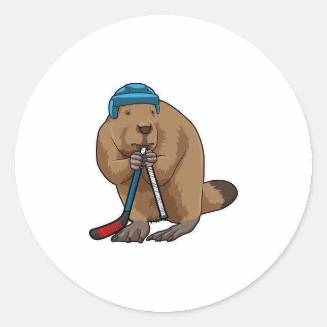 Beaver at Ice hockey with Ice hockey stick Classic Round Sticker (Front)
