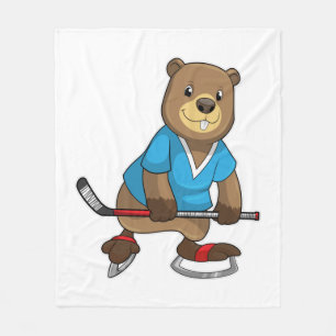 Beaver at Ice hockey with Ice hockey stick Fleece Blanket