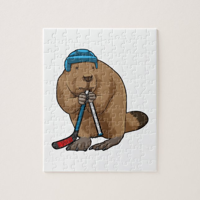 Beaver at Ice hockey with Ice hockey stick Jigsaw Puzzle (Vertical)