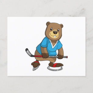 Beaver at Ice hockey with Ice hockey stick Postcard