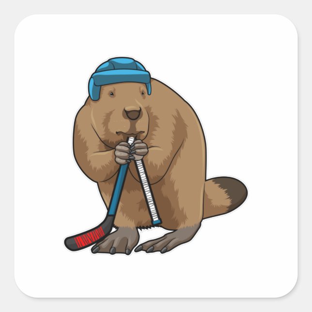 Beaver at Ice hockey with Ice hockey stick Square Sticker (Front)