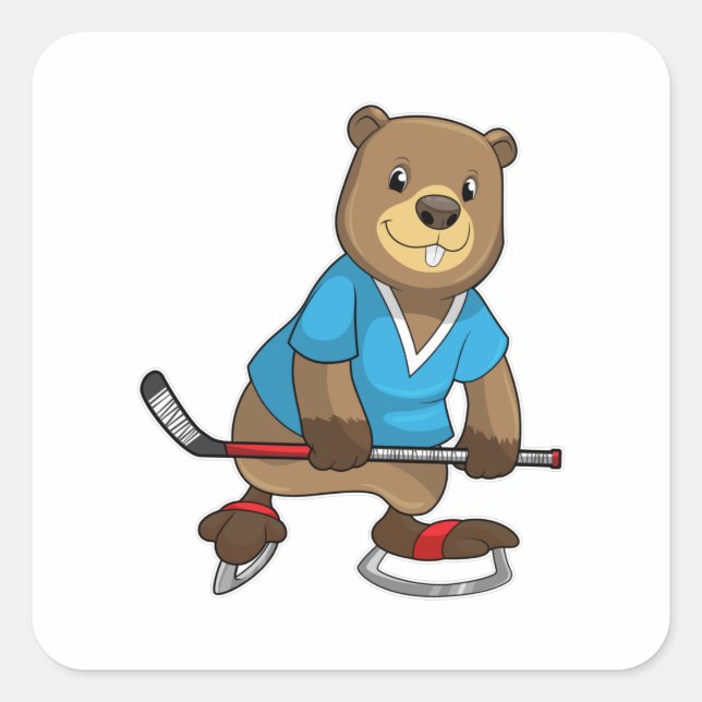 Beaver at Ice hockey with Ice hockey stick Square Sticker (Front)