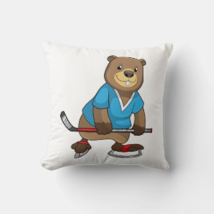 Beaver at Ice hockey with Ice hockey stick Throw Pillow