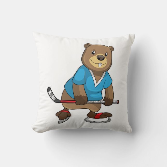 Beaver at Ice hockey with Ice hockey stick Throw Pillow (Front)