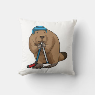 Beaver at Ice hockey with Ice hockey stick Throw Pillow