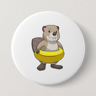 Beaver at Swimming with Swim ring 3 Inch Round Button