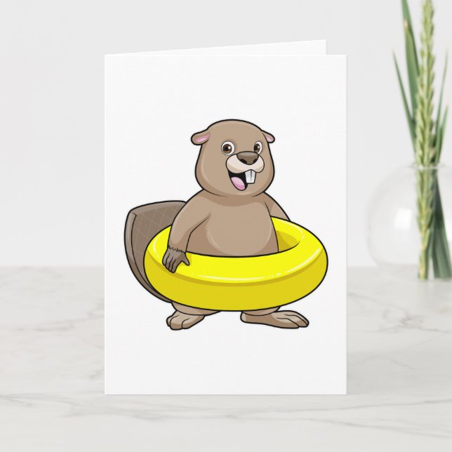 Beaver at Swimming with Swim ring Card (Front)