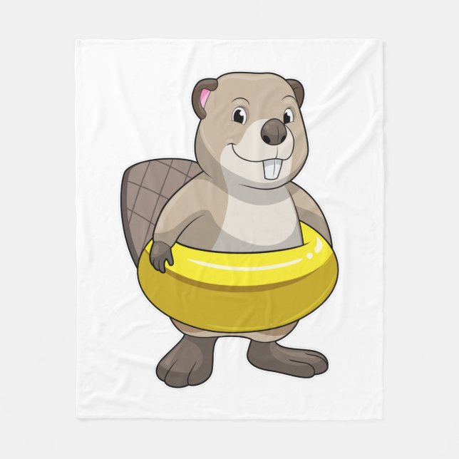 Beaver at Swimming with Swim ring Fleece Blanket (Front)
