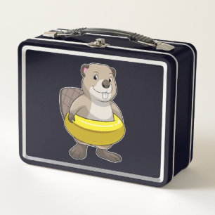 Beaver at Swimming with Swim ring Metal Lunch Box