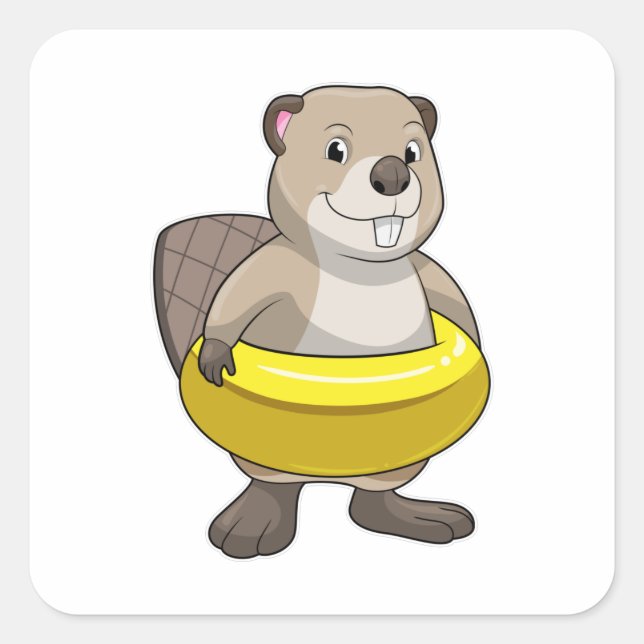 Beaver at Swimming with Swim ring Square Sticker (Front)