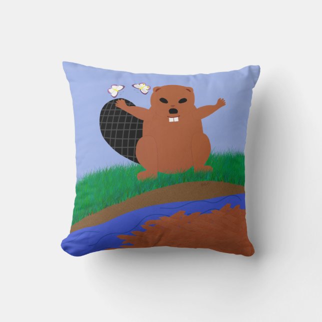 Beaver Building Dam Cartoon Art Throw Pillow (Front)