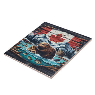 Beaver Building Dam in Canadian Wilderness Scene Tile