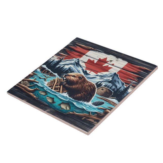 Beaver Building Dam in Canadian Wilderness Scene Tile (Side)