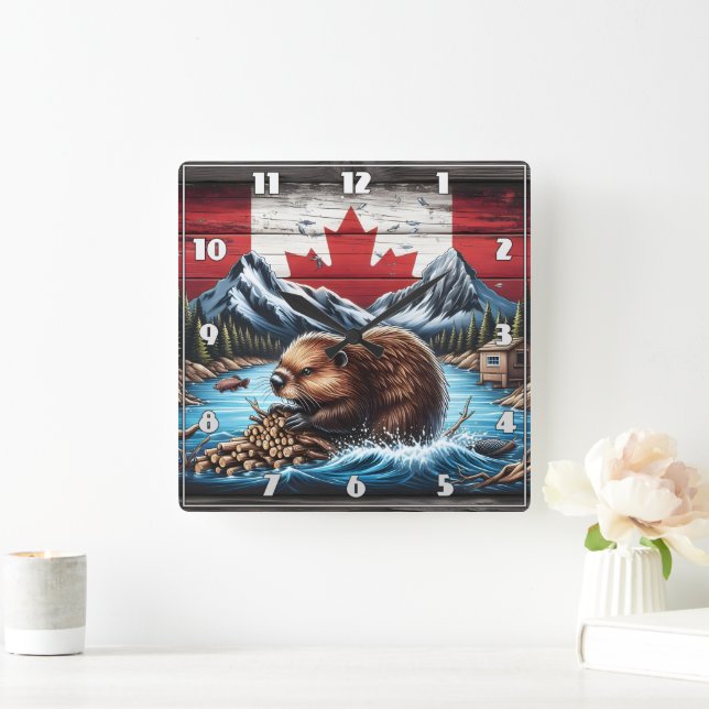 Beaver Building Dam With Canadian Flag Background Square Wall Clock (Home)