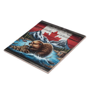 Beaver Building Dam With Canadian Flag Background Tile