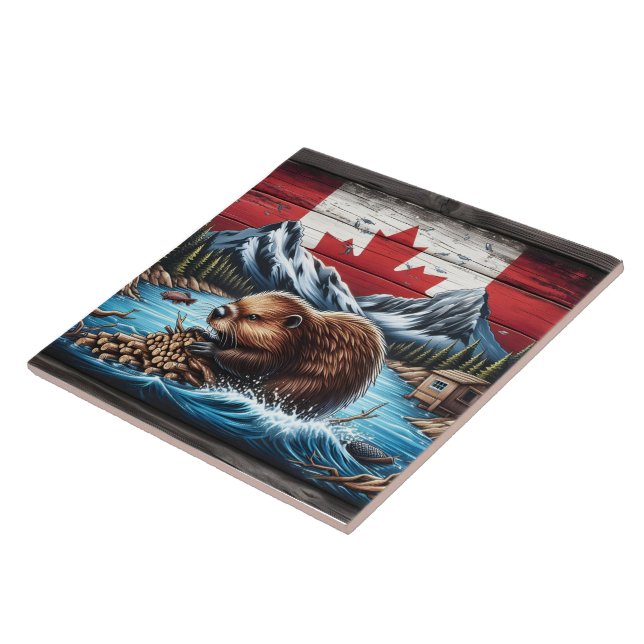Beaver Building Dam With Canadian Flag Background Tile (Side)